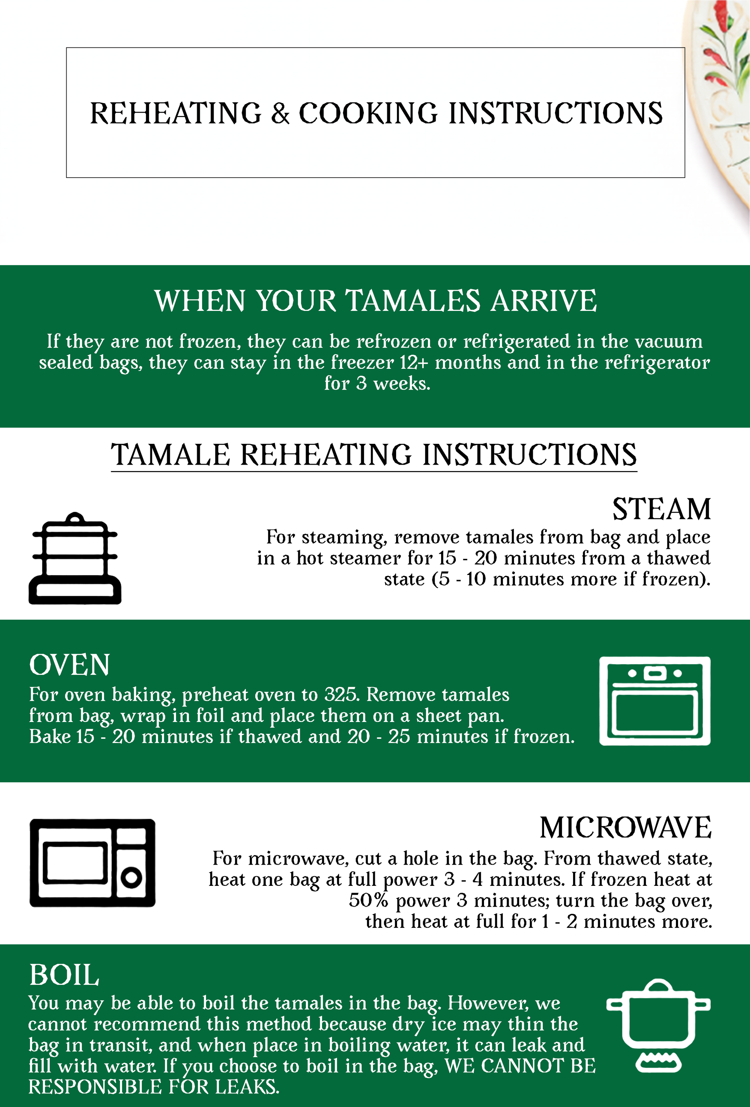 Reheating/ Cooking Instructions Texas Lone Star Tamales